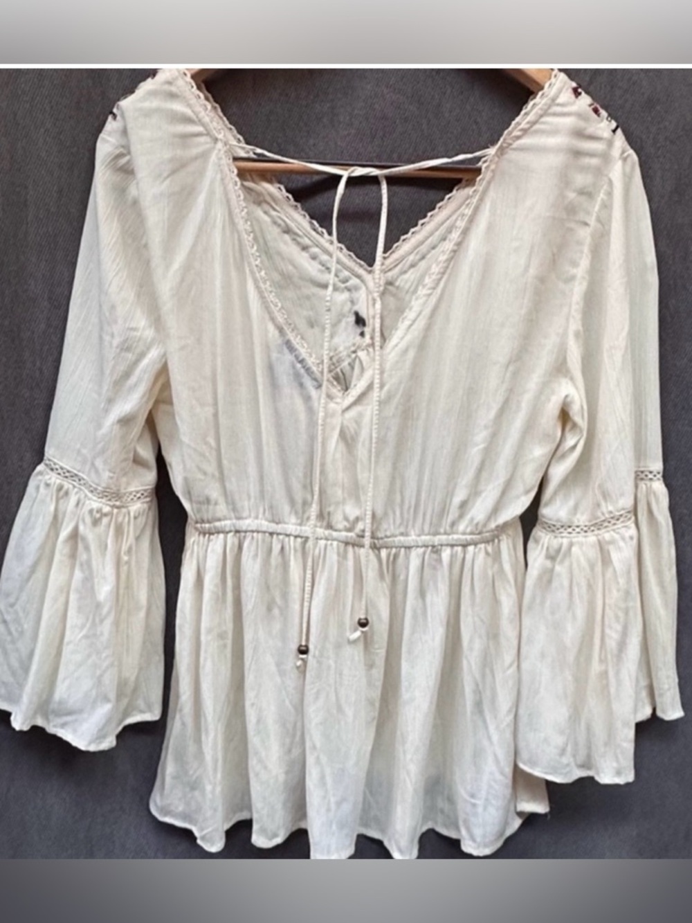 Boho Embroidered V-Neck Peasant Blouse - Cream - Picture 2 of 4
